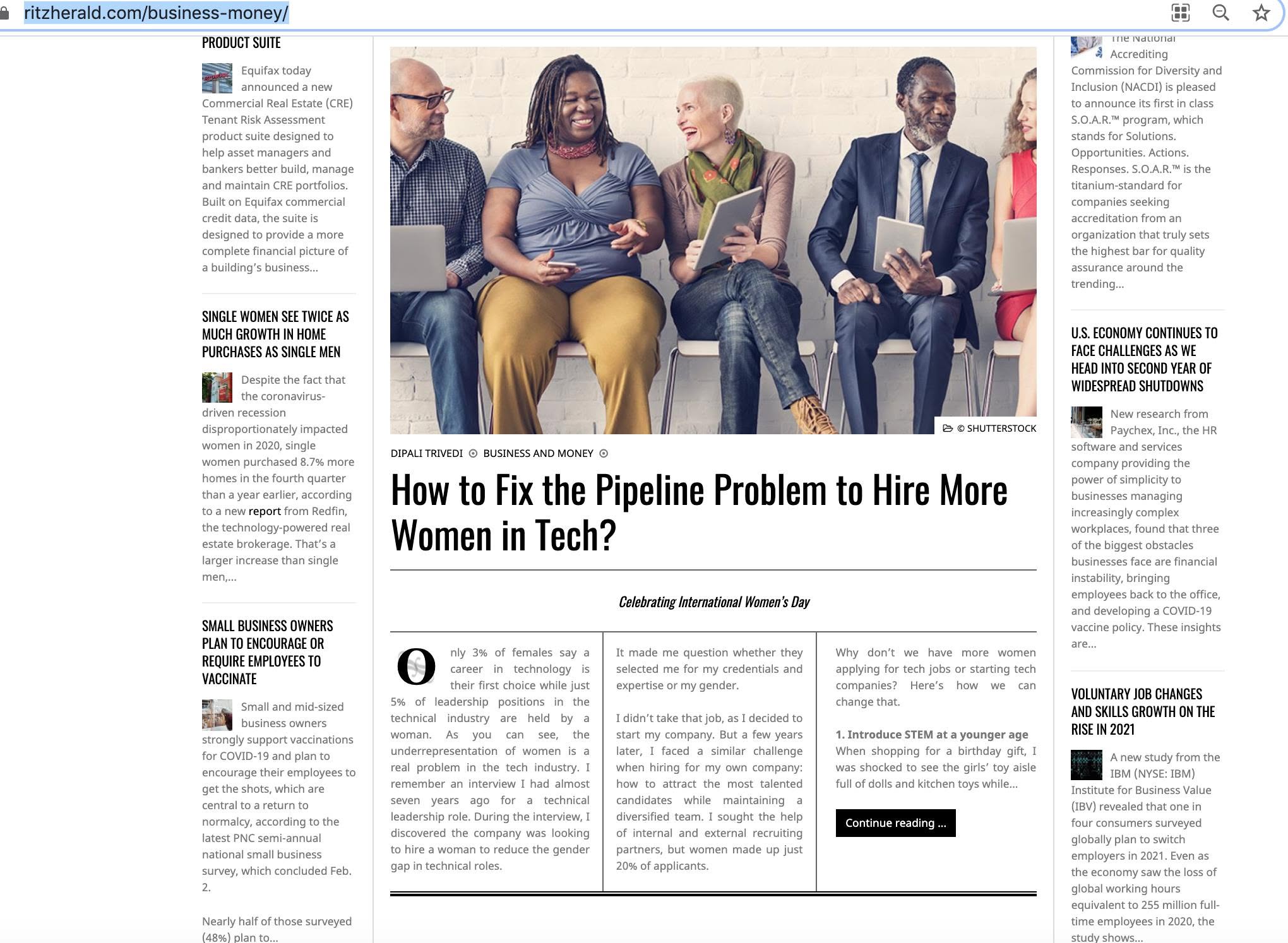 The Ritz Herald article page headlined How to Fix the Pipeline Problem to Hire More Women in Tech, bylined Dipali Trivedi and marked Celebrating International Women's Day