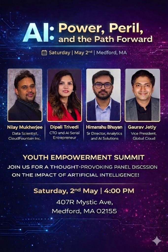 Event poster headlined AI: Power, Peril, and the Path Forward, listing Dipali Trivedi, CTO and AI serial entrepreneur, among four speakers