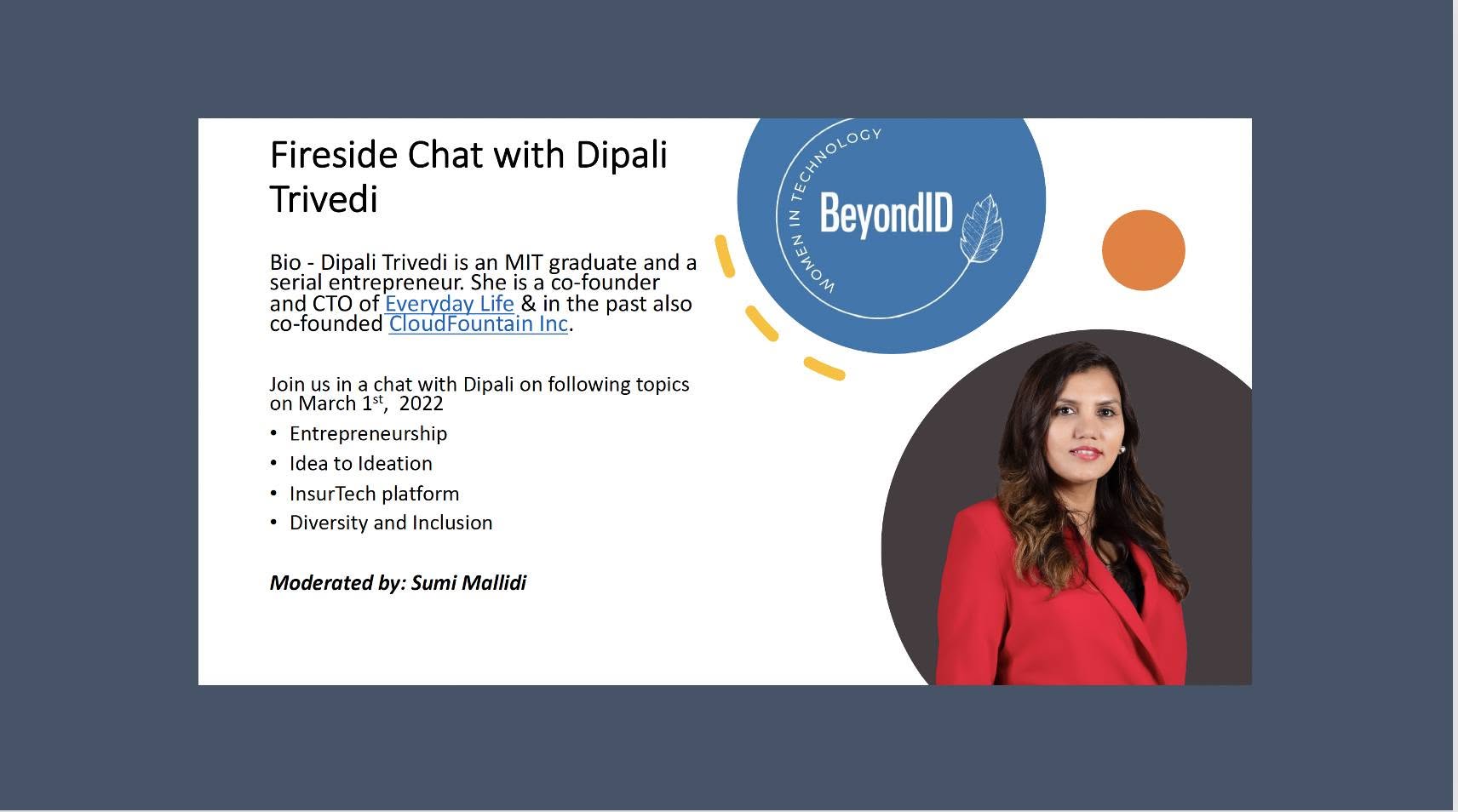 Event card for a BeyondID Women in Technology fireside chat with Dipali Trivedi on March 1, 2022, moderated by Sumi Mallidi
